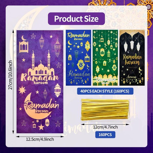 160 Pieces 4 Styles Ramadan Kareem Cellophane Treat Candy Bags with Twist Ties - Image 2